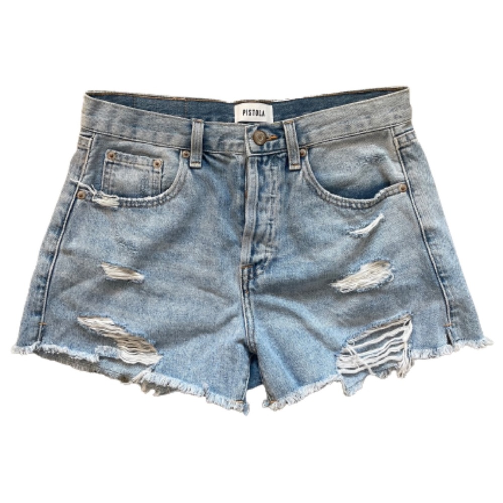 Pistola denim high rise distressed shorts, size 27, frayed hem, 4 button closure